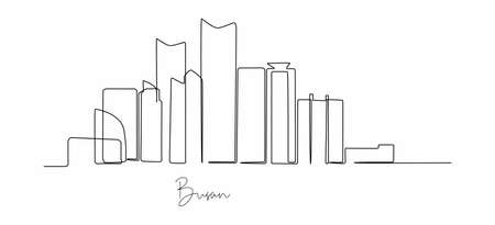 One single line drawing of Busan city skyline. Historical town landscape in the world. Best holiday destination. Editable stroke trendy continuous line draw design vector illustrationのイラスト素材