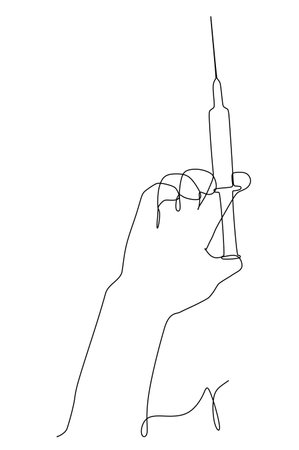 Syringe in hand. One line drawing isolated vector object by hand on a white backgroundのイラスト素材
