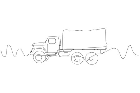 Military troop transporter truck Continuous one line drawing. vector illustrationのイラスト素材