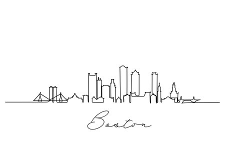 Single line drawing Boston city skyline, United States. Historical town landscape in world. Best holiday destination wall decor art. Editable trendy continuous line draw design vector illustrationのイラスト素材