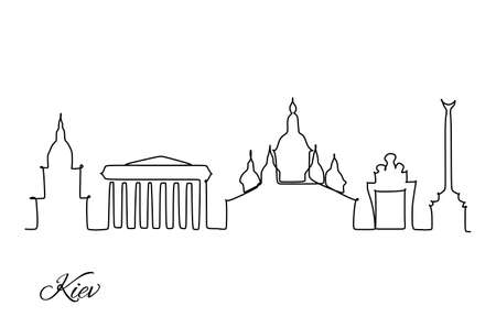 One continuous line drawing of Kiev city skyline, Ukraine. Beautiful landmark. World landscape tourism travel vacation poster print. Editable stylish stroke single line draw design vector illustrationのイラスト素材