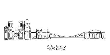 Single continuous line drawing of Bristol skyline, England UK. Famous city scraper landscape. World travel home wall decor art poster print concept. Modern one line draw design vector illustrationのイラスト素材
