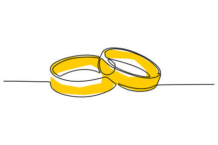 Single continuous line drawing of two rings. Simple yellows or gold color drawing design for couple or wedding conceptのイラスト素材