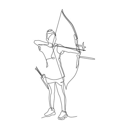 Female archery athlete aim the target. Simple continuous line drawing for sport concept educational and business illustrationのイラスト素材