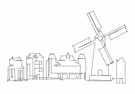 Hand drawn windmill in the city. Line drawing. Vector illustration.のイラスト素材
