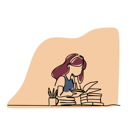 Woman reading a book. Girl sitting at the table with a stack of books. Cartoon vector illustration.のイラスト素材