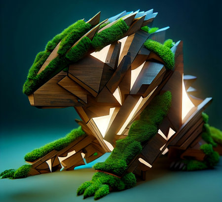 An abstract robotic geometrically sophisticated pangolin that is made of wood and moss. It embodies geometrical 3d recursive systems, forest greenery, and glowing light elements. Ai Generatied imageの素材