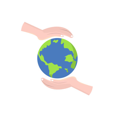 Hands holding planet earth icon in flat style on a white background.  Design for earth day and environment campaignのイラスト素材