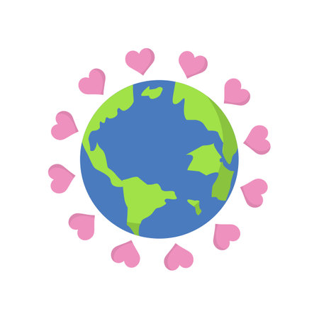 Planet earth with hearts around icon in flat color style. Global love Design for earth day and environment campaignのイラスト素材