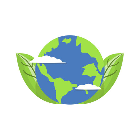 Earth planet with green leaves and clouds vector Illustration isolated on a white background.のイラスト素材