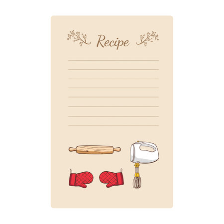 Recipe card template with hand drawn kitchen utensils. Vector illustration.のイラスト素材