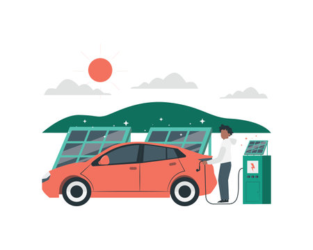 Electric car charging station flat color vector faceless character on white background for sustainability practices conceptual design.のイラスト素材
