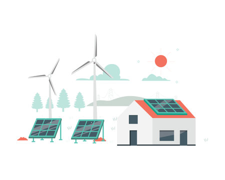 Renewable energy from solar panels and wind turbines. Flat style vector illustration for sustainability and environmental friendly practices conceptual design.のイラスト素材
