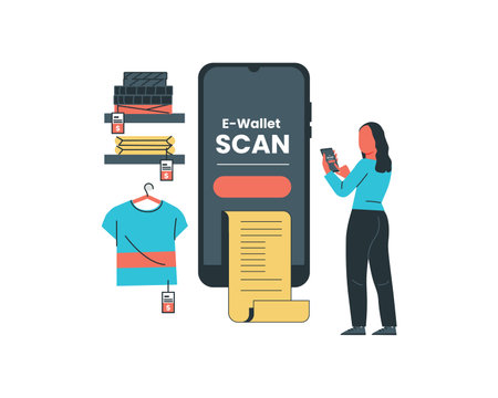 Woman with mobile phone buying clothes online. Concept of online shopping, e-commerce. Vector illustration in flat styleのイラスト素材