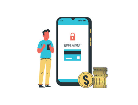 Mobile payment concept. Man with credit card and smartphone. Vector illustration in flat styleのイラスト素材