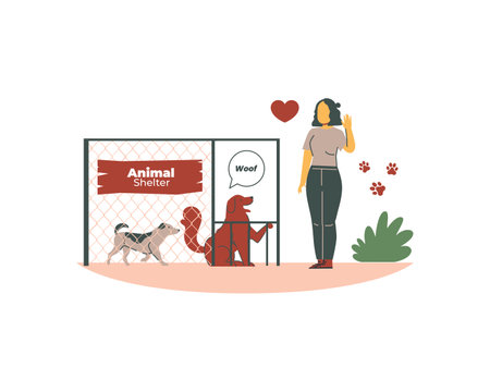 A woman stands in front of a cage with a dog. The concept of animal protection. Vector illustrationのイラスト素材