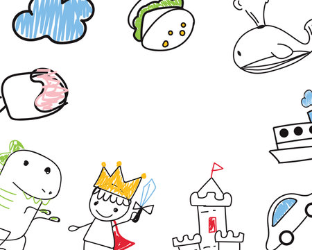 Frame with cute cartoon doodle hand drawn elements. Vector illustration.のイラスト素材