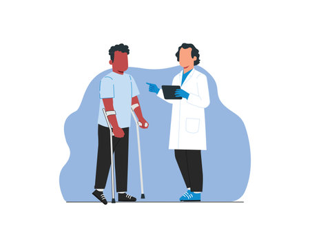 Nurse checks a male patient with crutches. Flat vector illustration.のイラスト素材