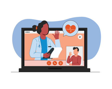 Online medical consultation. Woman doctor and patient in video call. Vector illustration in flat styleのイラスト素材