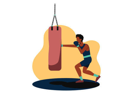 boxer man training with punching bag vector illustration design. Isolated flat design for sport and leisure activities conceptのイラスト素材