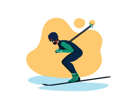 Sports man skiing. Vector illustration of skier jumping from mountain in action pose isolated on white. Winter extreme sport, competition conceptのイラスト素材