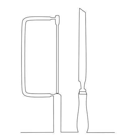 chisel and hack saw tool set illustration. Small carpentry work in the workshop and Home renovation concept design element. Continuous line drawing vector.のイラスト素材