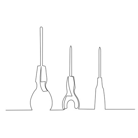 Set of screwdriver tools. Small carpentry work in the workshop and Home renovation concept design element. Continuous line drawing vector.のイラスト素材