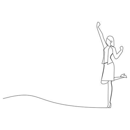 continuous line drawing of a woman raising her hand to the sky. Successful people in business conceptual design.のイラスト素材