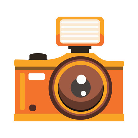 A stylized illustration of an orange and black camera with a large lens in the center, a flash attachment on top, and various buttons and details suggesting it is possibly a digital camera.のイラスト素材