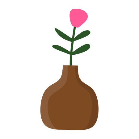 A minimalist illustration of a brown vase with a single pink flower. Simple yet vibrant contrast, ideal for decor and botanical themeのイラスト素材
