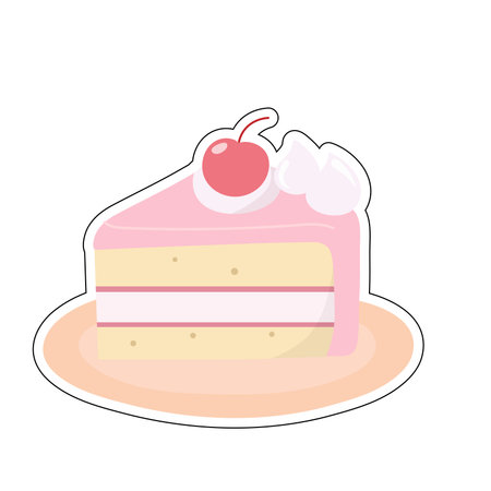 Colorful cake slice with pink frosting, whipped cream, and cherry. Ideal for bakery ads, birthday...