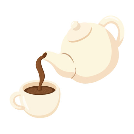 Stylized teapot pouring coffee or tea into cream-colored cup. Clean vector design with swirling motion. Great for hospitality, cafe, or morning routine themes.のイラスト素材
