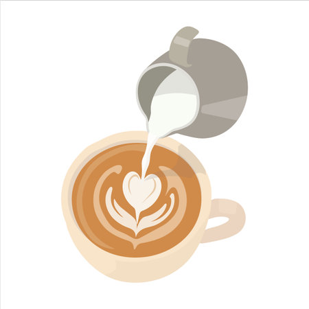 Flat vector illustration of a barista pouring milk into a latte creating heart-shaped art. Ideal for cafÃ© branding, coffee shop menus, or barista training visuals.のイラスト素材