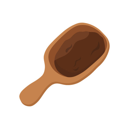 Illustration of wooden scoop holding rich coffee grounds. Perfect for barista tools, brewing visuals, or cafe branding. Clean and appetizing design for coffee-themed content.のイラスト素材