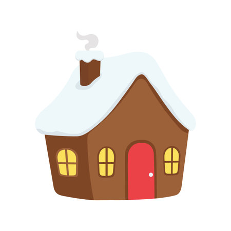 Brown cartoon house with red door, glowing windows, and snow-covered roof. A puff of smoke from the chimney adds warmth. Great for winter, holiday, and cozy home themes.のイラスト素材