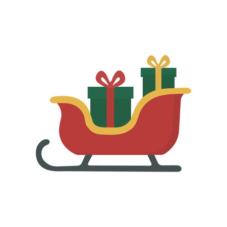 Red sleigh carrying green presents with ribbons, symbolizing holiday gift-giving and festive traditions. Perfect for seasonal and Christmas-themed designs.のイラスト素材