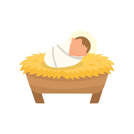 Cartoon-style baby Jesus wrapped in white cloth, lying in a straw-filled manger. Ideal for religious Christmas designs and nativity scenes.のイラスト素材