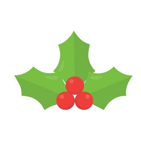 A festive holly sprig with three red berries and pointed green leaves. Perfect for Christmas decorations, seasonal cards, and holiday-themed designs.のイラスト素材