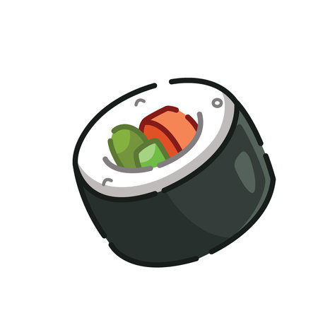 Playful sushi roll illustration featuring salmon, rice, and green vegetables wrapped in dark seaweedのイラスト素材