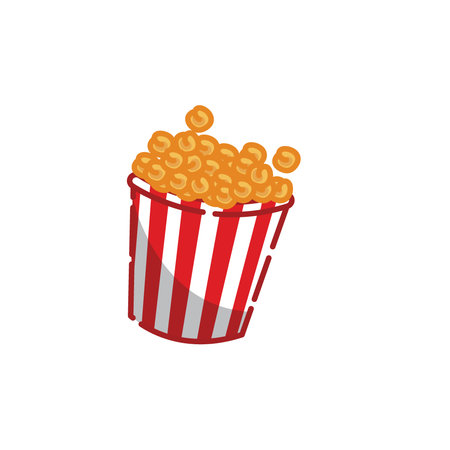 Fun popcorn illustration in classic striped tub, perfect for movie night or snack-themed design elementsのイラスト素材
