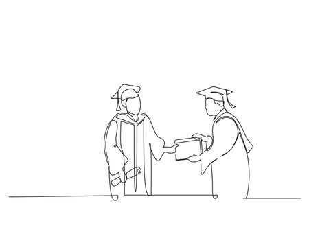 continuous line art illustration depicting a graduation ceremony moment, where one individual hands a diploma to another. Both figures wear academic caps and gowns, symbolizing formal recognition of academic achievement and the culmination of educational efforts. This minimalist design is ideal for use in educational content, graduation-themed materials, inspirational visuals, and creative design projects.のイラスト素材