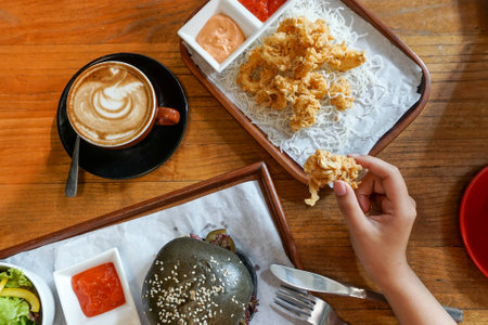 First Person View Lunch Break Isolated Wooden Tableの写真素材