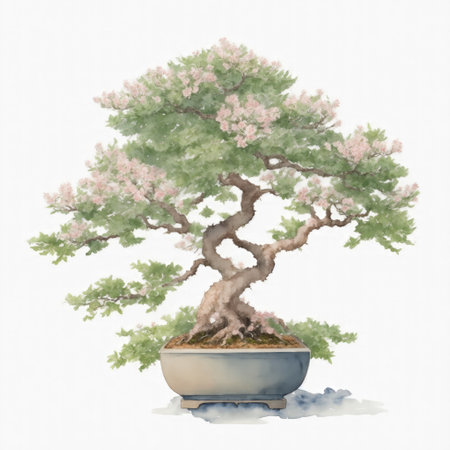 Illustration of viburnum bonsai in the style of watercolor on a white backgroundの素材