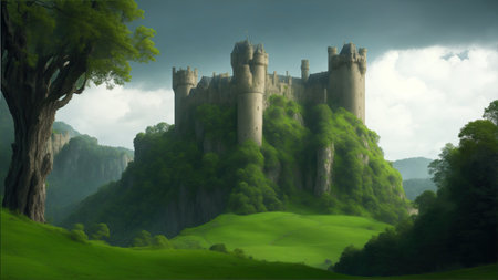 View of imposing castle with natural landscapeの素材