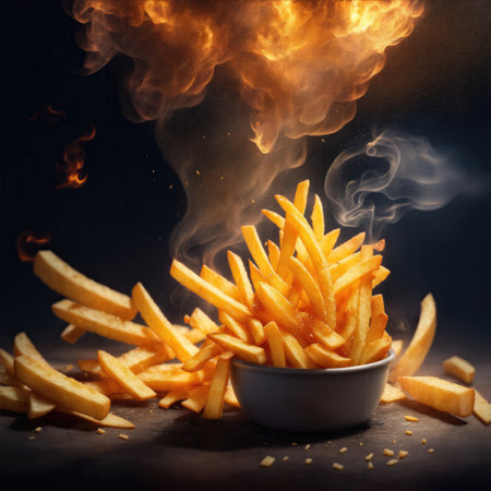 French fries falling with smoke food photographyの素材