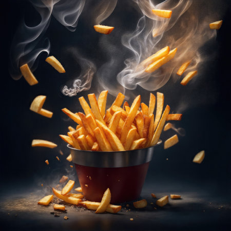 French fries falling with smoke food photographyの素材