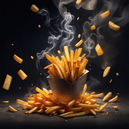 French fries falling with smoke food photographyの素材