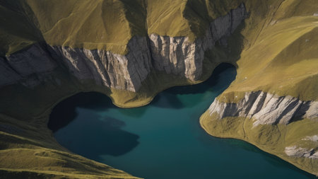 Aerial view of a lake in the middle of a mountain rangeの素材