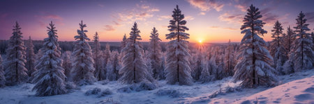 Beautiful winter sunrise in the snowy forest. Panoramic view.の素材