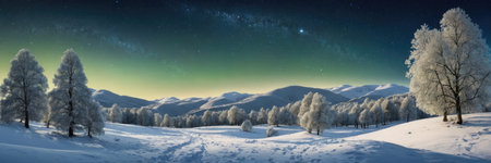 Winter landscape with snowy trees and starry sky. Panoramic view.の素材